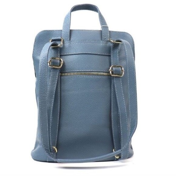Handmade Italian Pebbled Leather Convertible Backpack Crossbody Slate Blue NWOT - Picture 2 of 10